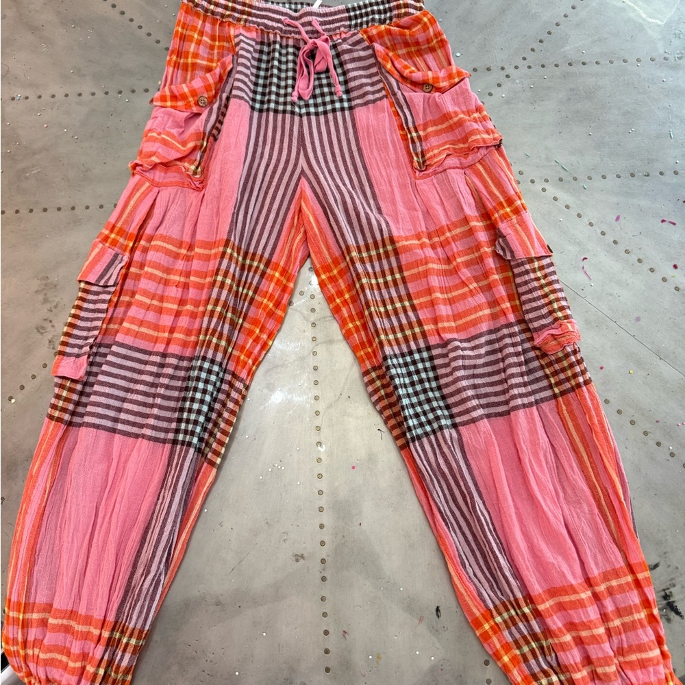 Free People Pink and Orange Plaid Wide Leg Pants